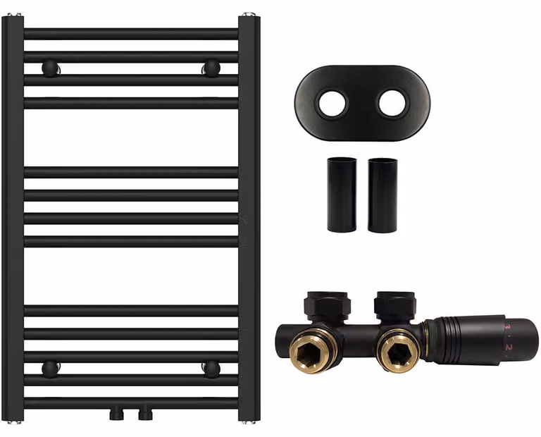 Set radiatore per bagno Benito – riscaldamento centralizzato – attacco centrale da 50 mm – 265W – nero opaco – 700x450 mm