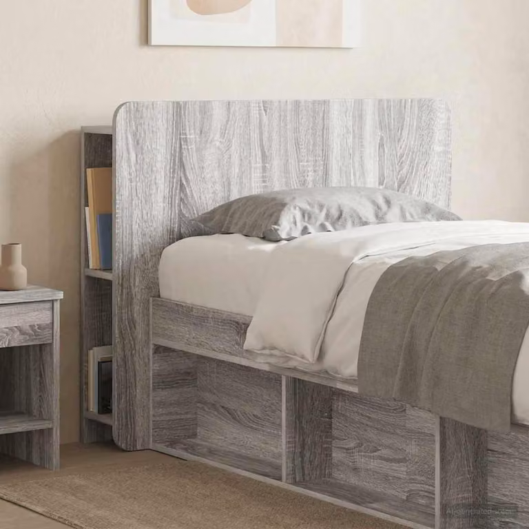 Testata del letto moderna vidaXL in legno ingegnerizzato Grigio con ripiano integrato e scomparti laterali
