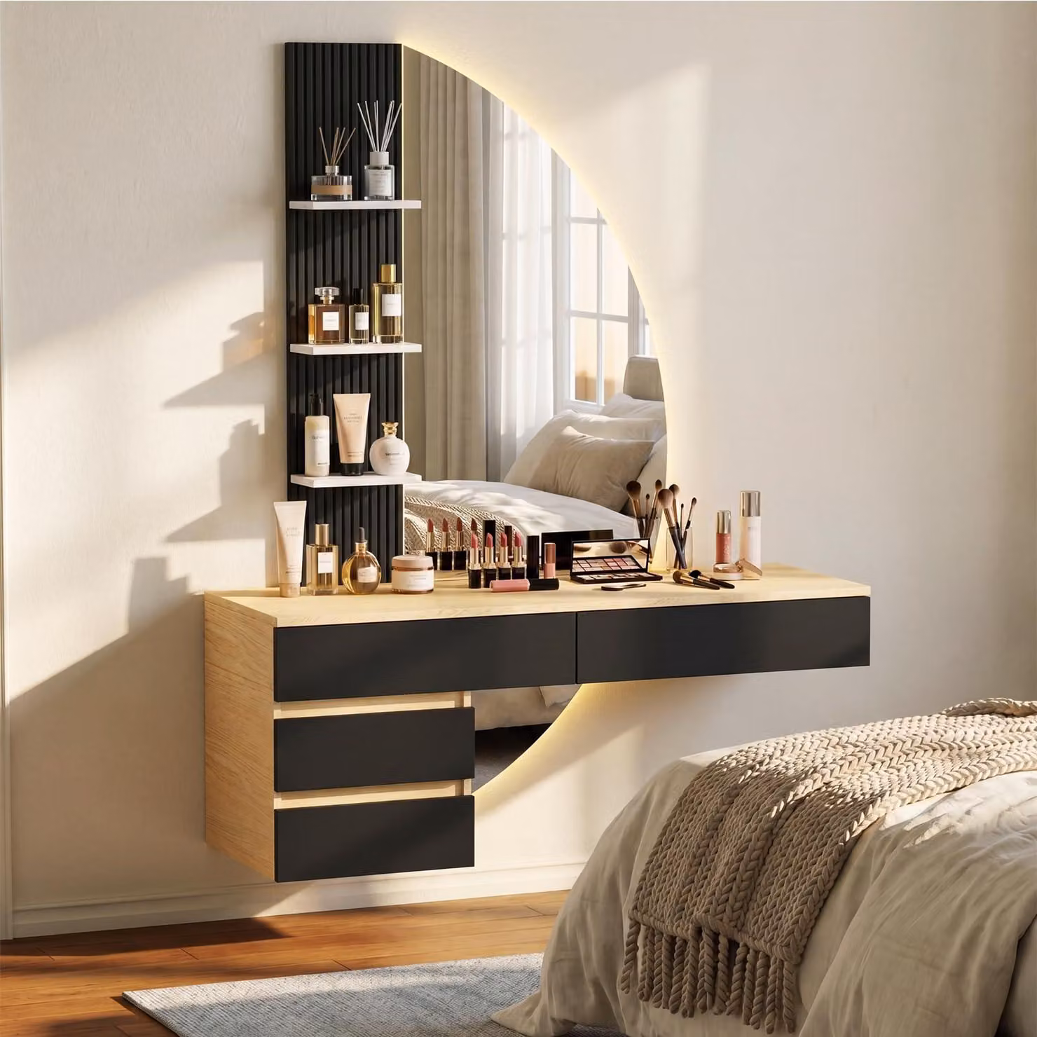 Tavolino da trucco da parete JUMMICO con specchio HD illuminato a LED e luminosità regolabile