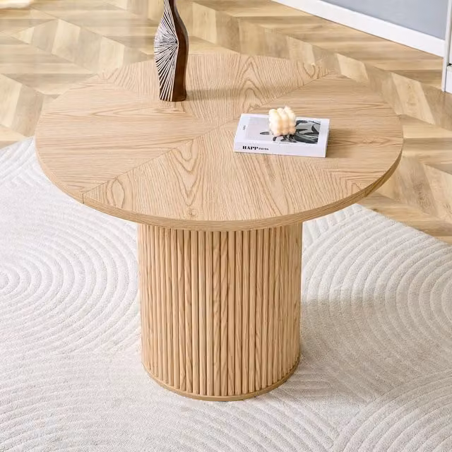 Tavolo da pranzo rotondo per 4-6 persone, piano in 4 settori e vano contenitore integrato, MDF effetto legno, 100 cm