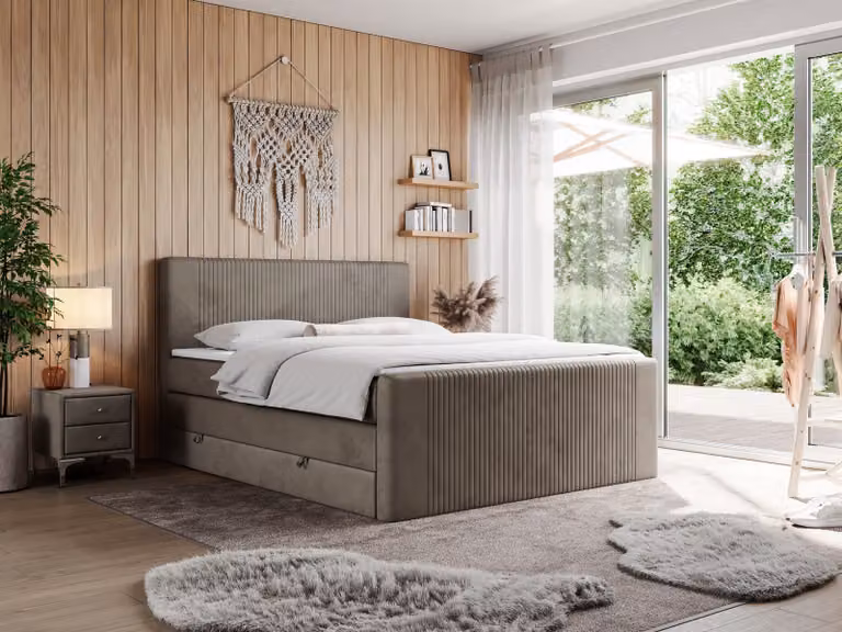 Letto boxspring matrimoniale con materasso a molle insacchettate e due cassetti - KING DOREN - 180x200 cm - Marrone - H4