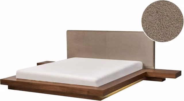 Letto matrimoniale BELIANI in stile giapponese con illuminazione LED sottostante, testata in tessuto bouclé tortora e struttura in frassino, L/P/H: 160 x 200 x 308 cm