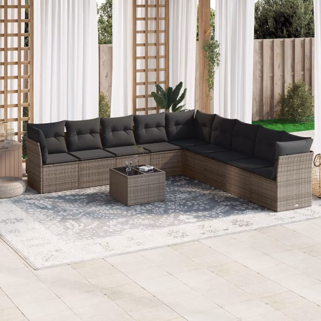 vidaXL Set Divano da Giardino a L 10 pz in Polyrattan Grigio con Cuscini e Tavolino da Esterno – 1