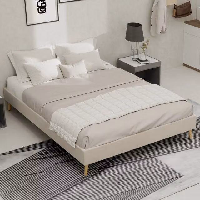 Letto singolo OKWISH moderno in tessuto e metallo beige L/P: 140 x 200 cm