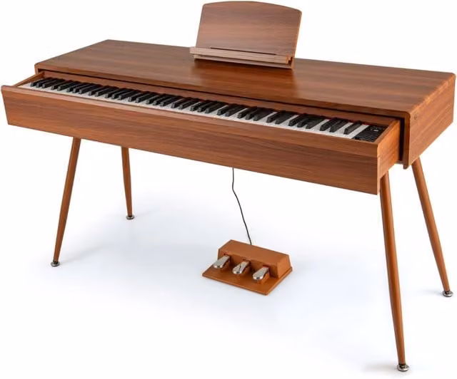 Pianoforte elettrico Design Mania con 88 tasti pesati a martello e cassetto estraibile, colore marrone