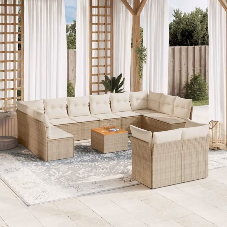 vidaXL Set Divano da Giardino a L 13 pz con Cuscini Beige e Tavolino da Esterno in Polyrattan e Legno di Acacia
