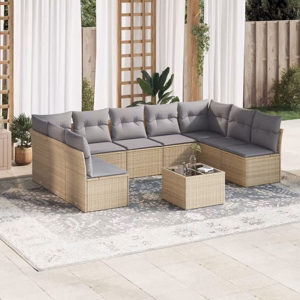 Set Divano da Giardino vidaXL 10 Pezzi a Forma di L con Cuscini Beige e Tavolino, Struttura in Metallo e Polyrattan per Terrazza e Giardino