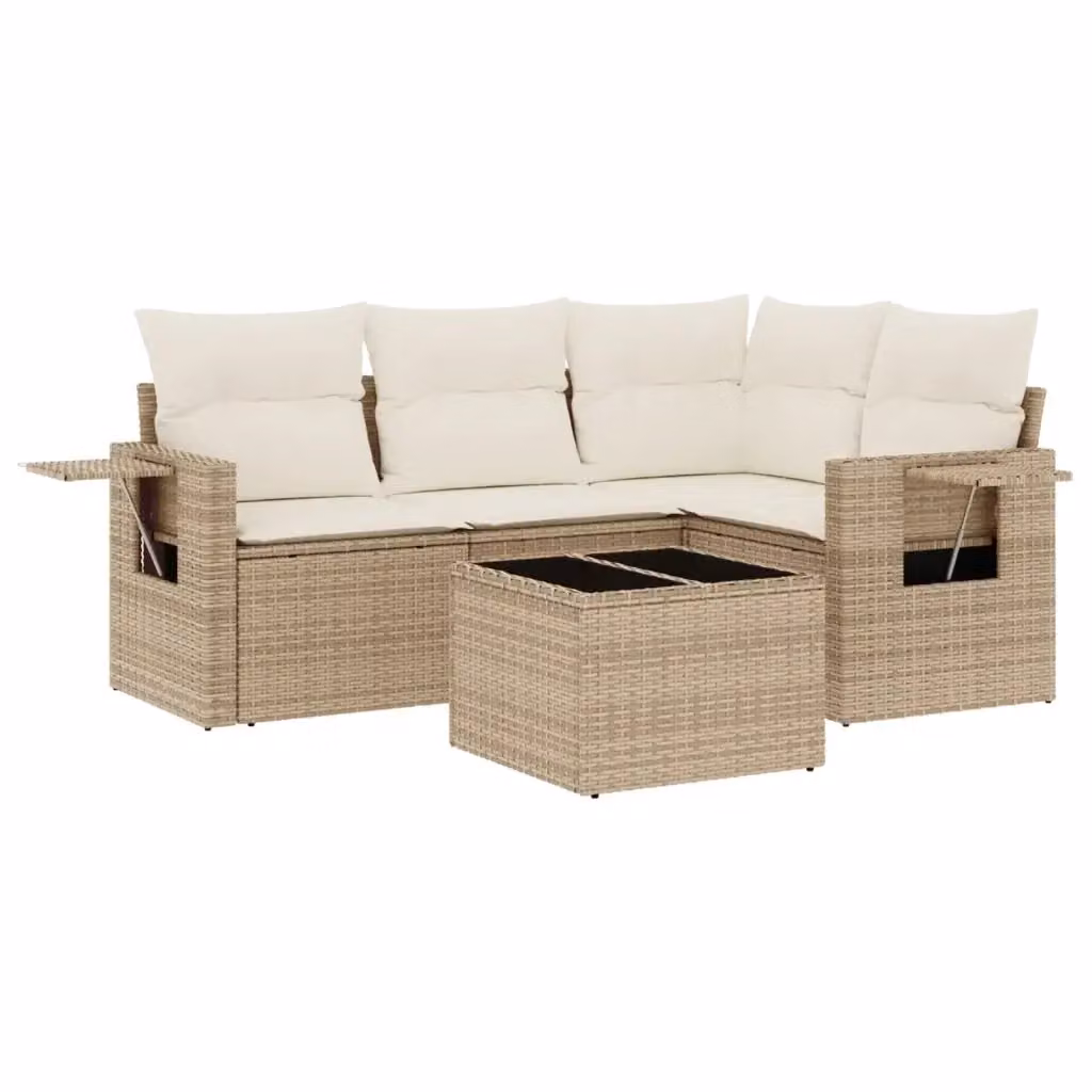 vidaXL Set Divano da Giardino 5 pz a L in Polyrattan Beige con Cuscini e Tavolino – 2