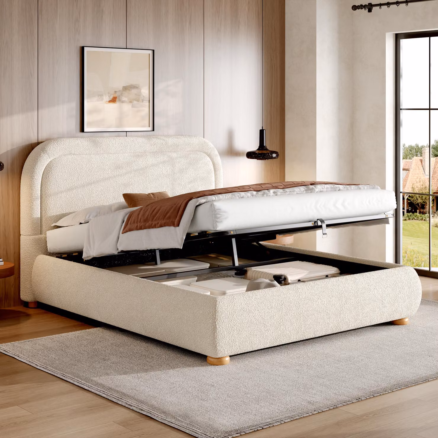 Letto imbottito idraulico Flieks 140x190 cm con contenitore, letto per ragazzi Letto matrimoniale con rete a doghe, letto contenitore Letto in legno con rivestimento bouclé, beige