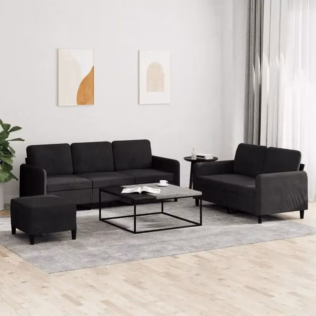 Set di divani moderno vidaXL in velluto nero composto da divano a 3 posti, divano a 2 posti e pouf con cuscini inclusi