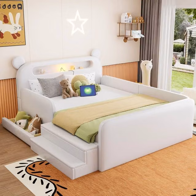 Letto imbottito per bambini con contenitore e testiera orso, luce notturna e porta USB, bianco, L/P/H: 214.5 x 140 x 98.5 cm