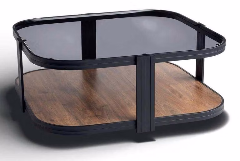 Tavolino moderno, nero, con piano in vetro e struttura in legno, design elegante, con ripiano inferiore
