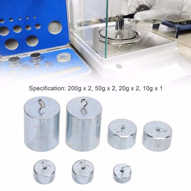 Set di pesi di calibrazione, composto da 7 elementi, da 10g a 200g, per laboratori e applicazioni di fisica
