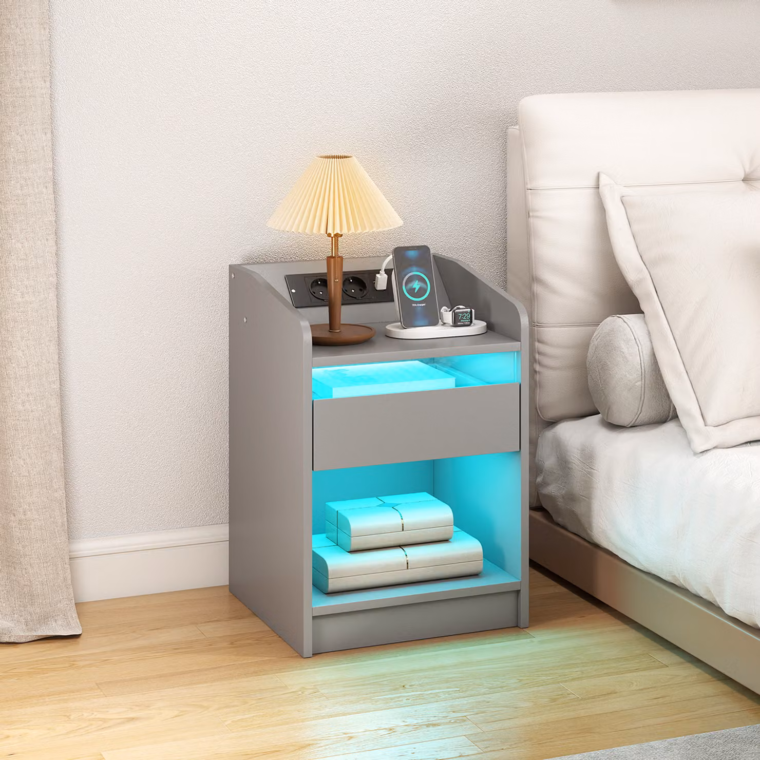 Comodino HOMCOM con LED RGB, USB, cassetto e telecomando, grigio, L 40 cm x P 40 cm x H 58 cm – 2