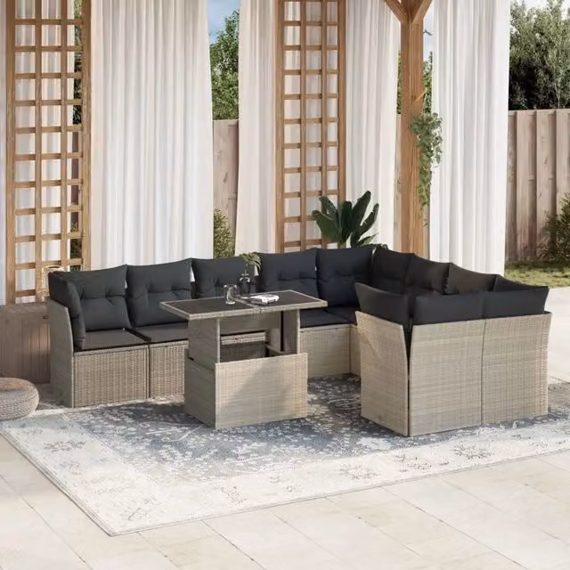Set Divano Giardino 10 pz con Cuscini Grigio Chiaro Polyrattan 3266842