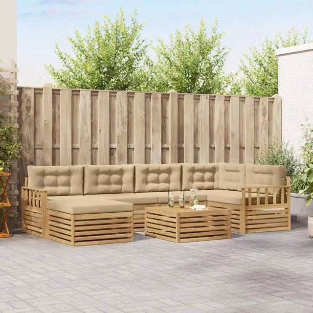 Set di divani da esterno a L vidaXL in legno di acacia con cuscini, colore bianco e beige, 7 pezzi