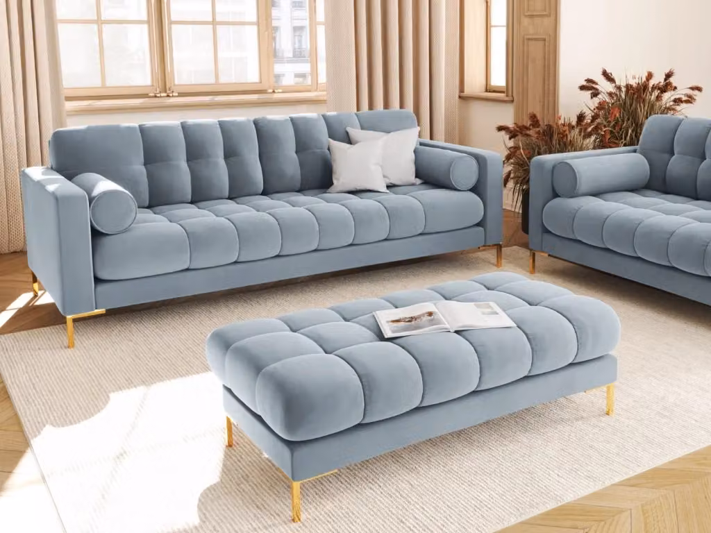 Divano Bali 4 posti Cosmopolitan Design in velluto azzurro con dettagli oro L: 217 cm, P: 75 cm, H: 43 cm – 2