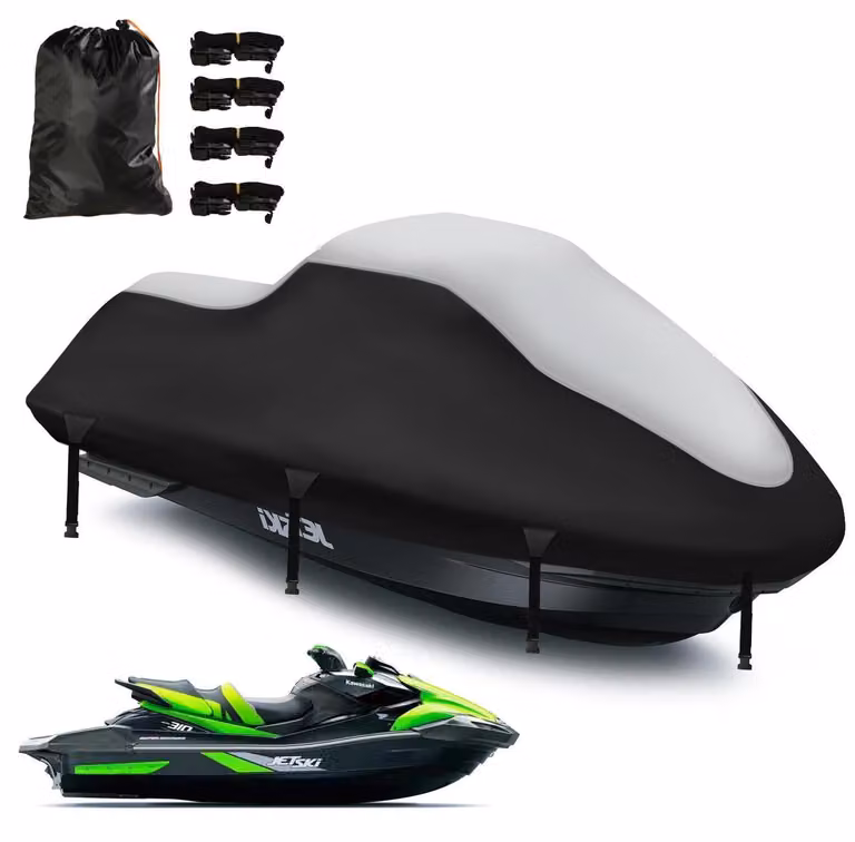 Copertura impermeabile per jet ski, realizzata in tessuto 420D con rivestimento nano, dimensioni 320-343 cm, colore argento/nero