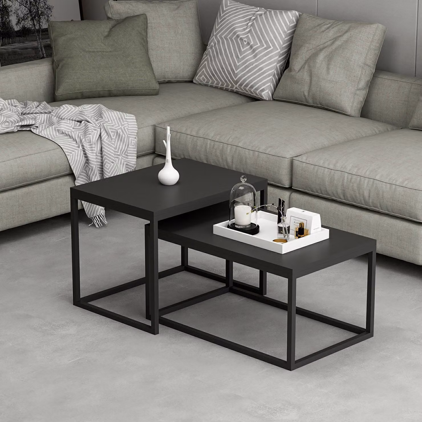 Set di 2 tavolini Aabenraa Tavolino in truciolato e metallo Nero, opaco