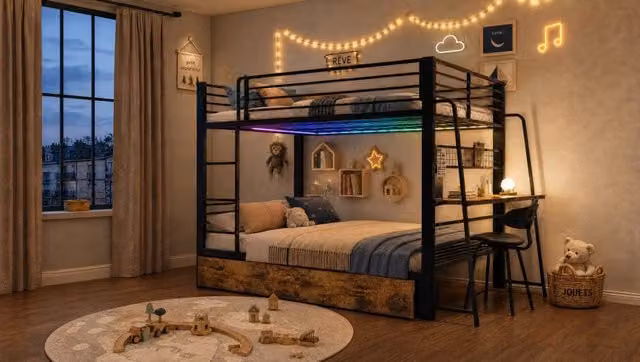 Letto a soppalco ULEVR 140x200 cm con scrivania, LED RGB, presa USB e Type-C, nero