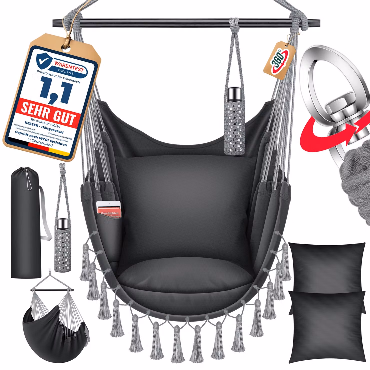 Sedia a dondolo sospesa KESSER® Safari XXL, fino a 150 kg, per adulti e bambini, da interno ed esterno, inclusi 2 cuscini