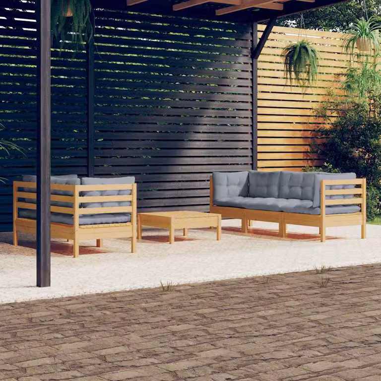 vidaXL Set Divani da Giardino 6 pz in Legno di Pino Trattato con Cuscini Grigi Moderni a Forma di L