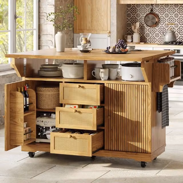 Carrello da cucina pieghevole 142;5 x 80 x 95 cm con cassetti in rattan PE; finitura legno naturale