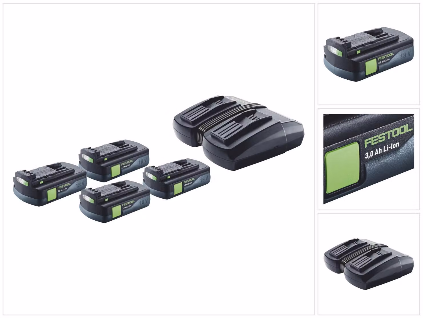 Set energetico Festool 4x BP 18 Li 3.0 C batteria 18 V 3.0 Ah / 3000 mAh Li-Ion ( 4x 577658 ) + caricatore doppio TCL 6 DUO ( 577017 )