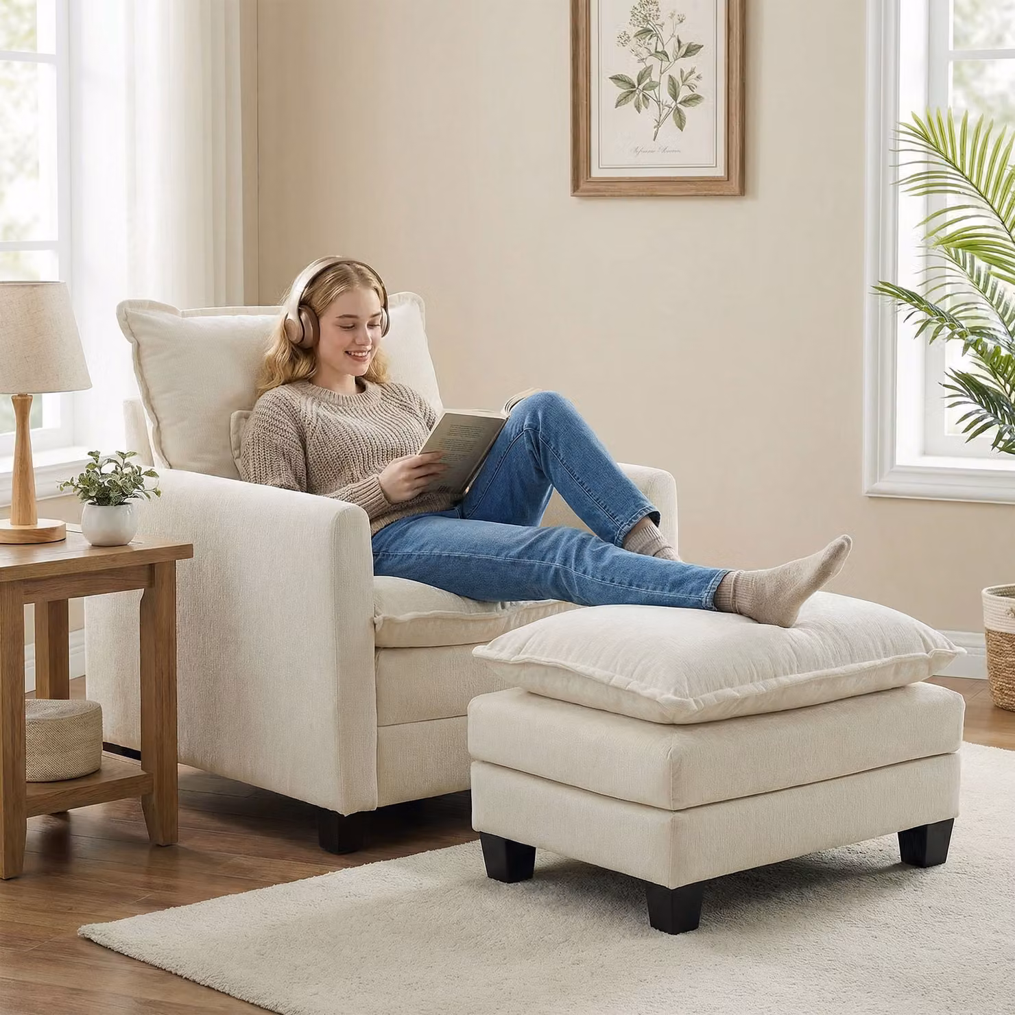 Poltrona da salotto HOMCOM con poggiapiedi in chenille beige, seduta ampia con imbottitura a doppio strato, H 85 x L 128 x P 86 cm – 2