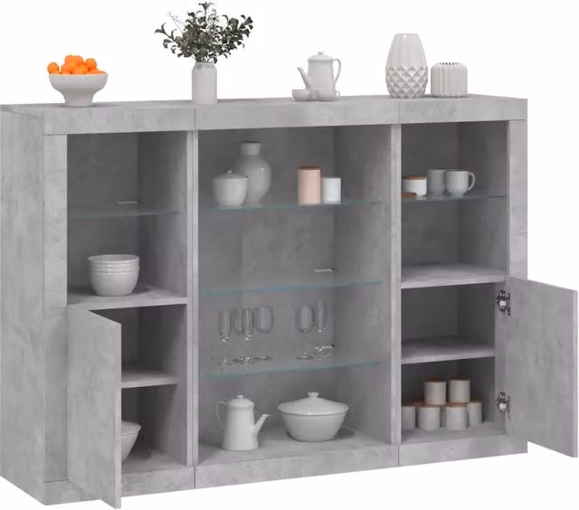 Set di 3 credenze moderne vidaXL in legno multistrato con luci LED integrate, colore grigio cemento, da appendere alla parete