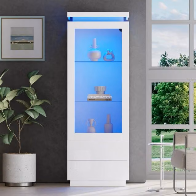 Vetrina alta 60x40x171 cm con 2 cassetti; LED; porta in acrilico e finitura bianca lucida