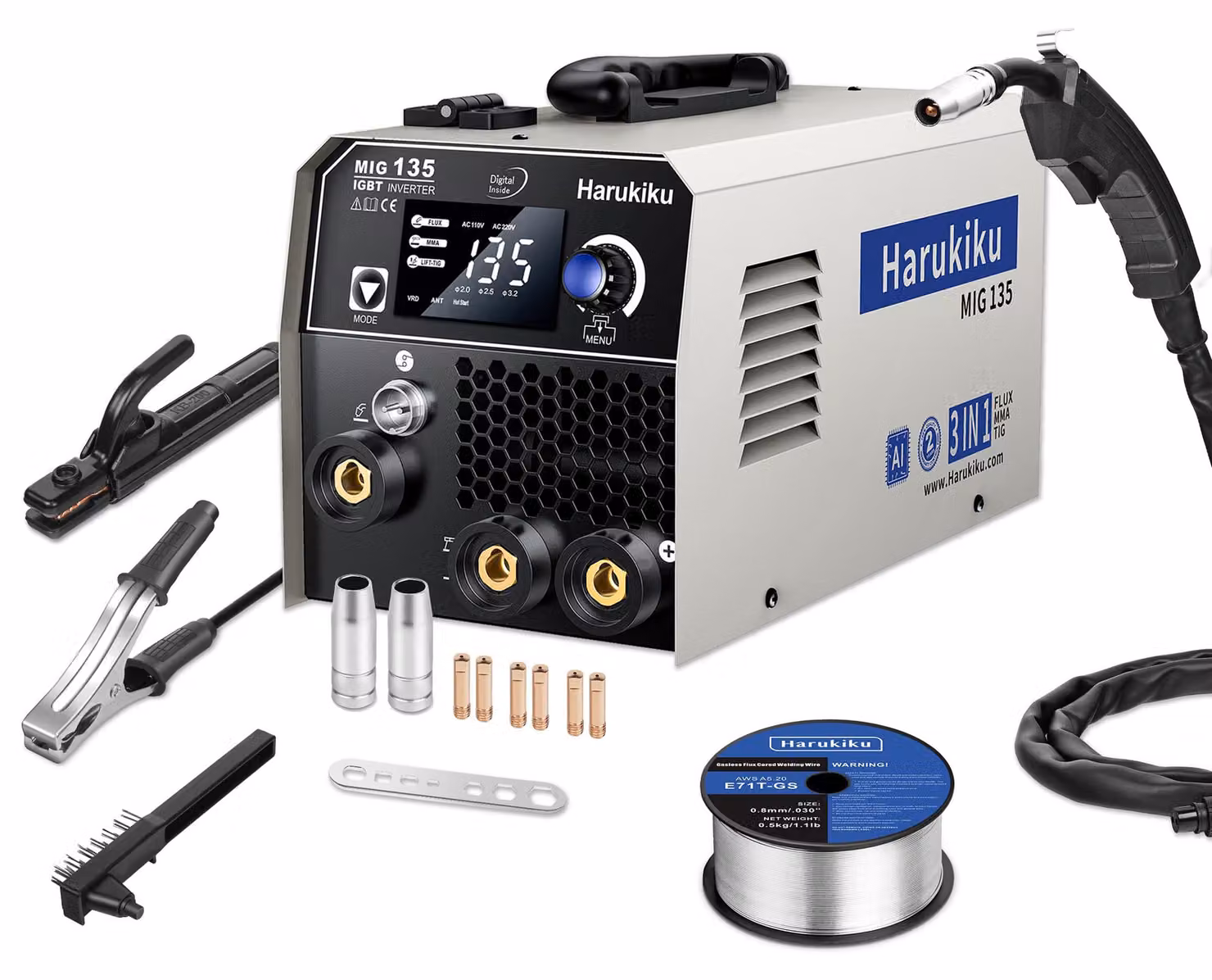 Saldatrice multifunzione 3-in-1, senza gas - Potenza: 135 A - Tensione: 230 V - Materiale: metallo - Processi: MIG, MMA, TIG