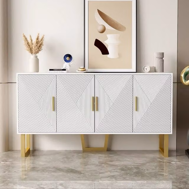Credenza Bianca Moderna 150 cm Madia 4 Ante Lucida con Maniglie Dorate e Ripiani Regolabili
