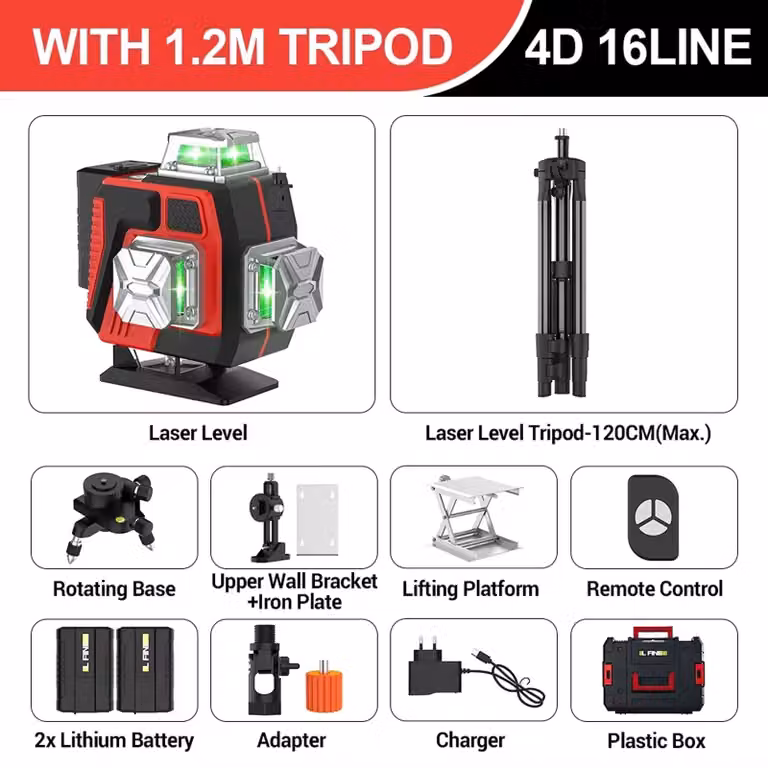 Livella laser - 4D, 16 linee - Autolivellante - 360° orizzontale e verticale - Raggio laser verde - Con telecomando - Include treppiede