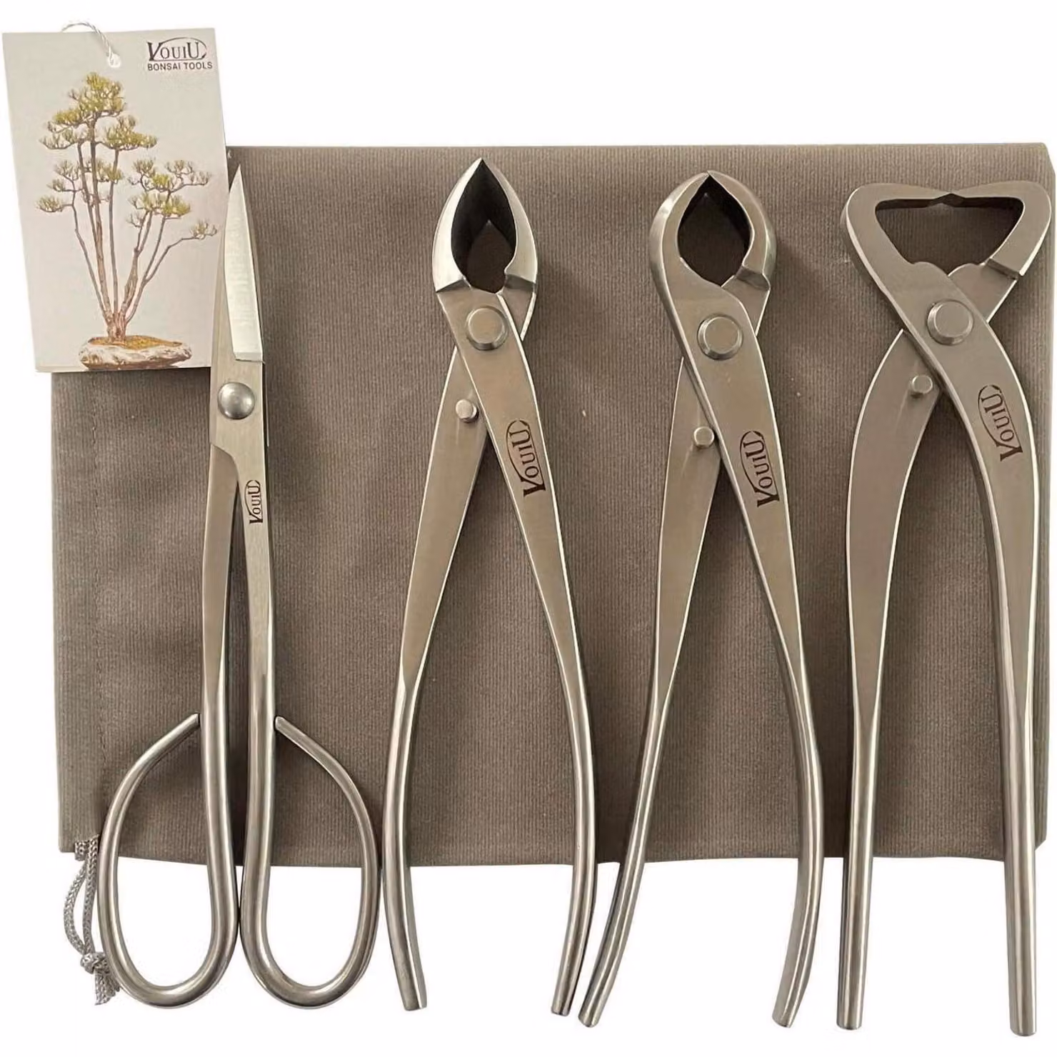 Set di 4 utensili per bonsai, composto da: cesoie concave, cesoie per nodi, utensile per fendere il tronco e forbici per bonsai