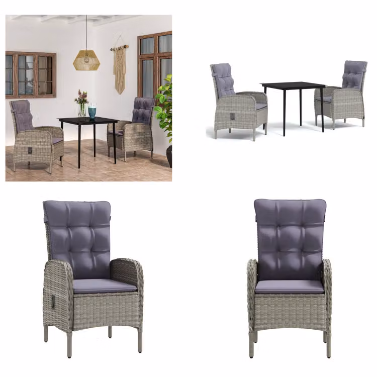vidaXL Set da pranzo da giardino 3 pezzi con cuscini grigio e nero - Set da pranzo da giardino - Set da pranzo da giardino - Set di mobili da giardino - Set di mobili da giardino
