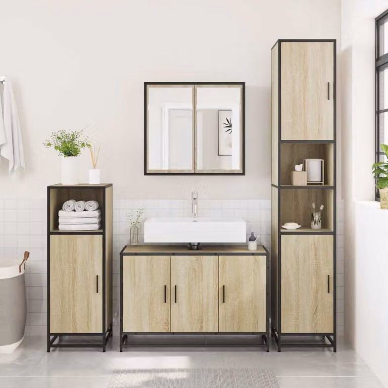 Mobiletto da bagno sospeso vidaXL in legno massello Rovere Sonoma, L: 90 cm, P: 33 cm, H: 60 cm