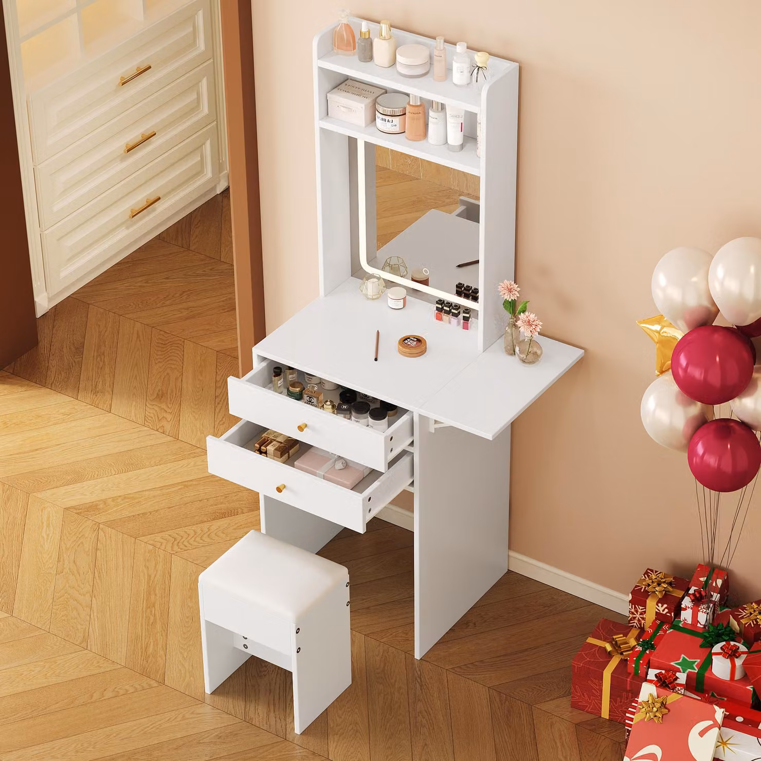 okwish Tavolino da toilette con sgabello Tavolo cosmetico con illuminazione LED regolabile, Tavolino da toilette con 2 cassetti e 2 vani a giorno, con piano pieghevole, Bianco