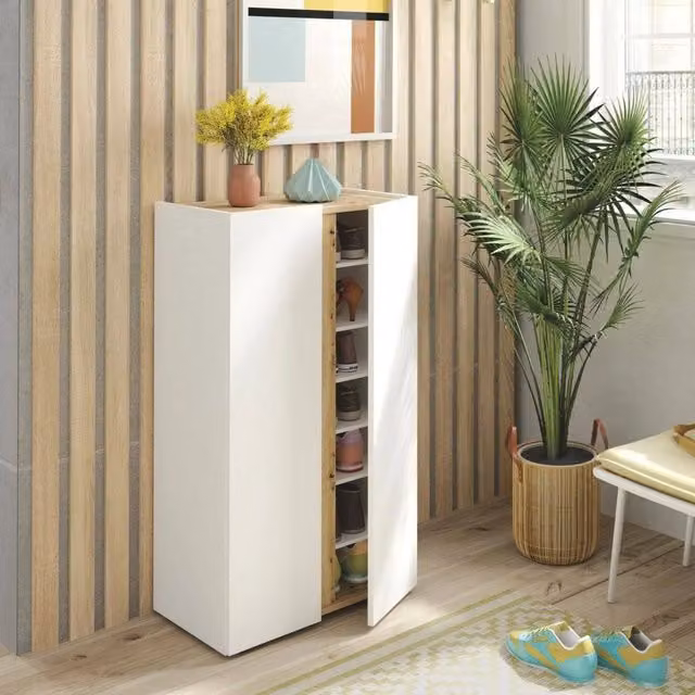 Scarpiera Gotto DMORA, Mobile porta scarpe e armadio da ingresso moderno, Bianco e Rovere, L: 57 cm, P: 35 cm, H: 102 cm – 1