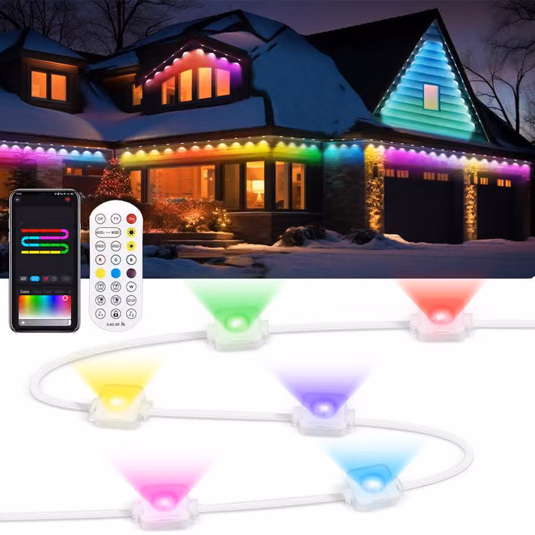 Illuminazione esterna RGBIC intelligente da 15 metri, con telecomando, grado di protezione IP67, impermeabile, con effetto sincronizzazione musicale, ideale per decorazioni esterne, feste, giardini, Natale