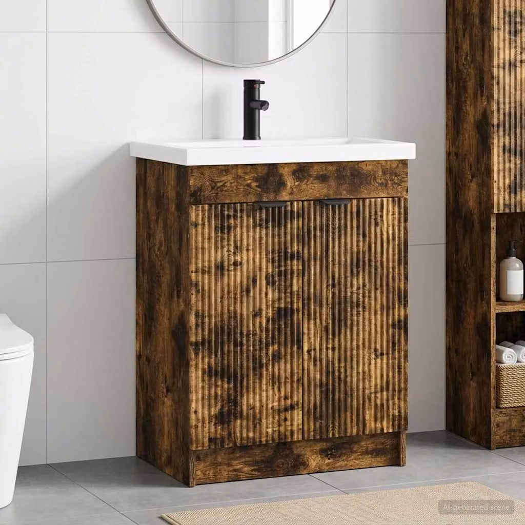 Set di mobili per il bagno moderni vidaXL in legno e metallo, colore marrone e nero, L: 56 cm, P: 37,5 cm, H: 81 cm