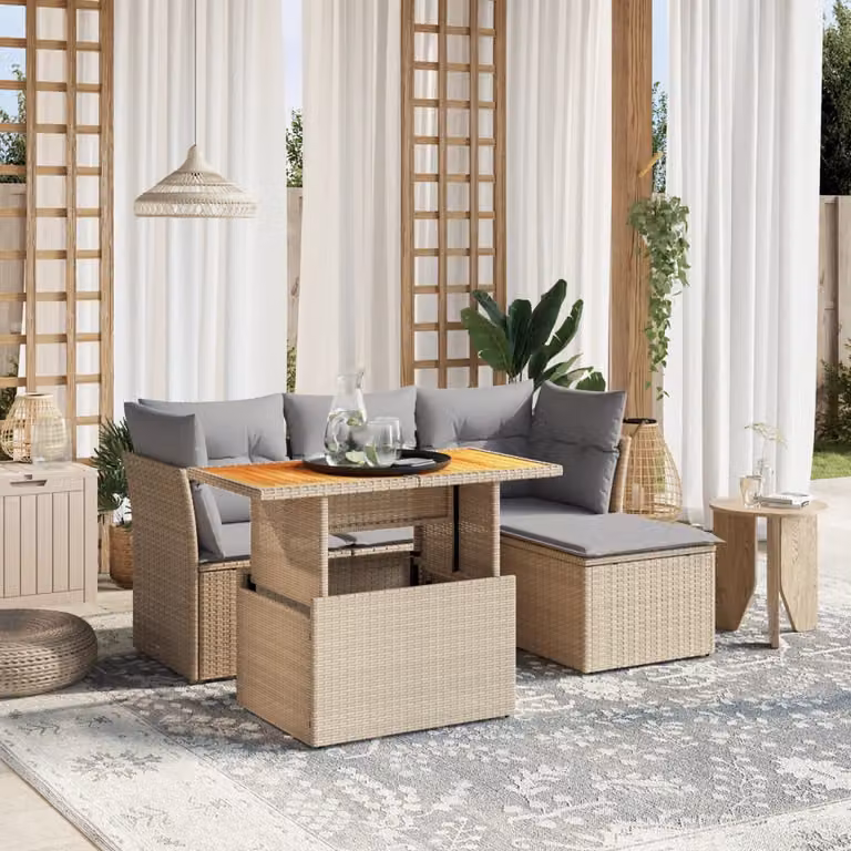 vidaXL Set Divano da Giardino 6 pz in Polyrattan con Cuscini Beige e Struttura in Legno di Acacia