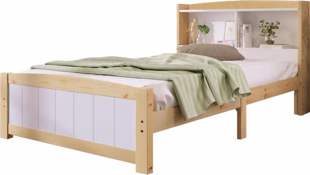 Letto Singolo con Testiera a Libreria e Scomparti Laterali in Legno e MDF, Bianco, L/P/H: 90 x 200 x 120 cm – 1