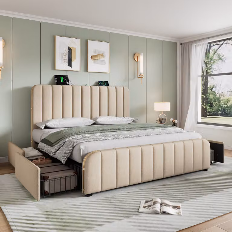 Letto imbottito Flieks 140x200cm con funzione di ricarica (USB, Type-C), letto matrimoniale contenitore con 4 cassetti, letto giovanile funzionale, biancheria, beige