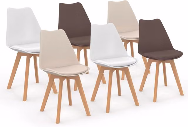Set di 6 sedie scandinave in tessuto e legno, colori beige e bianco, per cucina e ufficio – 1