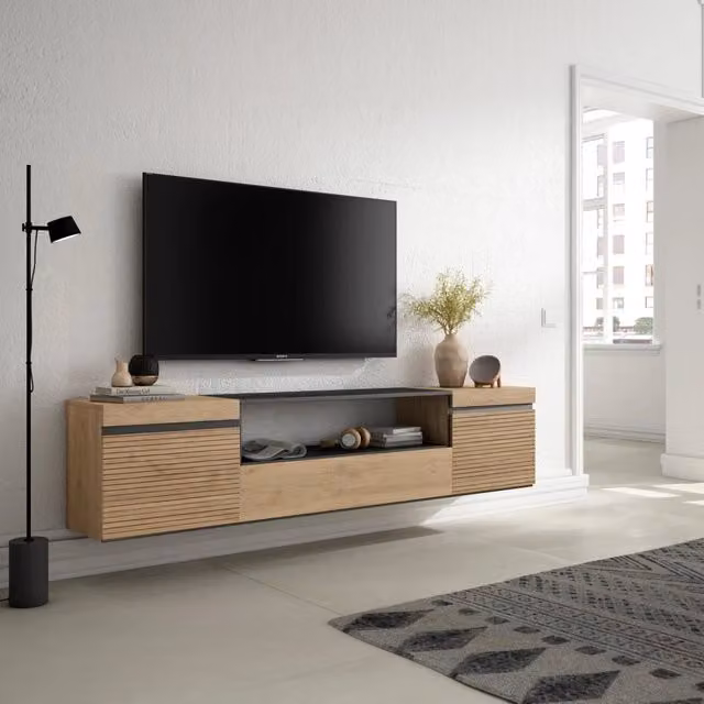 Mobile TV Soggiorno, 200x35x45cm, Per TV fino a 80", da appendere, colore Rovere RF3314