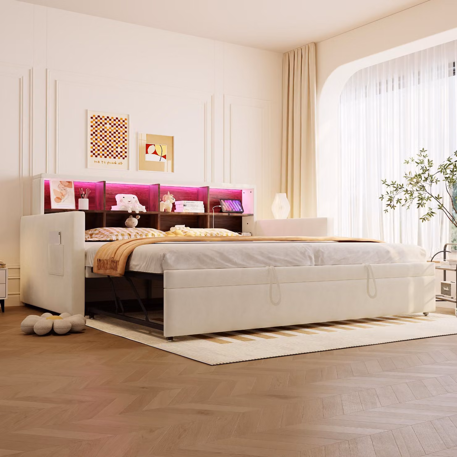 Divano letto 90 x 190 cm con meccanismo letto estraibile, illuminazione LED, presa di corrente, porte USB e di tipo C, poggiatesta con spazio contenitivo, struttura del letto imbottita in velluto con rete a doghe, colore beige