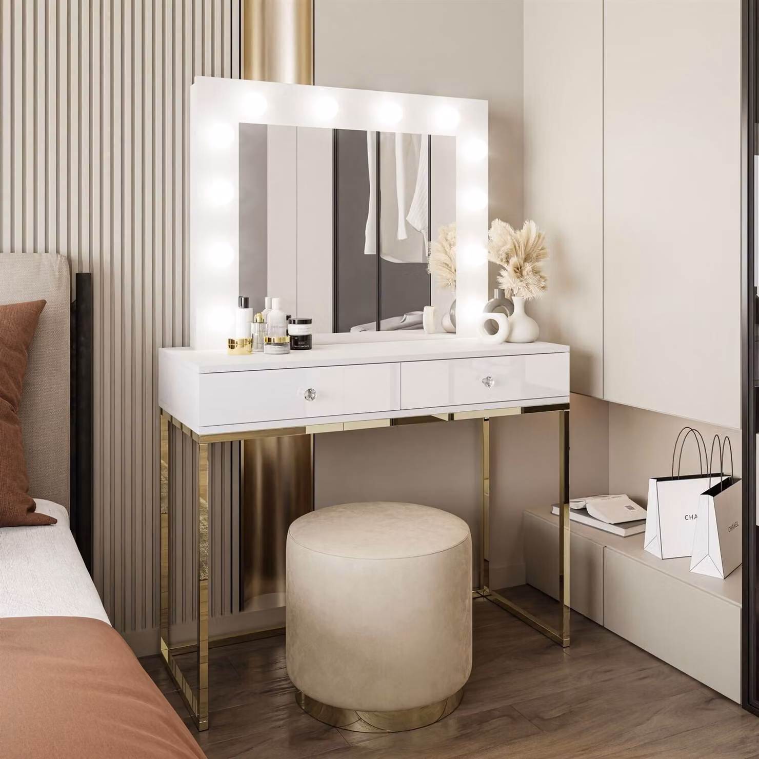 Specchiera BLANCO con specchio e illuminazione oro cromato, bianco lucido, maniglie - cristallo bianco