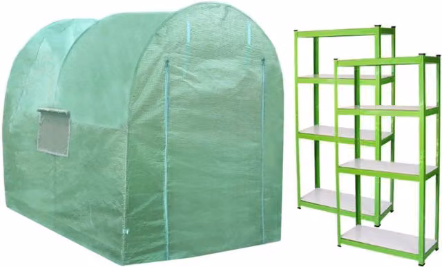 Serra da Giardino a Tunnel da Esterno in Polietilene Resistente alla Corrosione e Raggi UV Telaio in Ferro Galvanizzato per Piante Giardinaggio - 19mm - 2.5m x 2m & Scaffali
