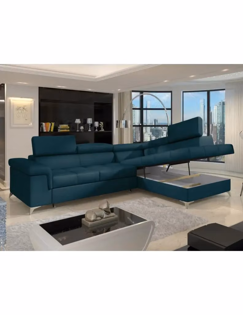 Divano letto angolare PALAZZO MEUBLORAMA 4 posti blu scuro con angolo destro, poggiatesta regolabile e cuscini inclusi, L 275 cm x P 88 cm x H 202 cm – 2